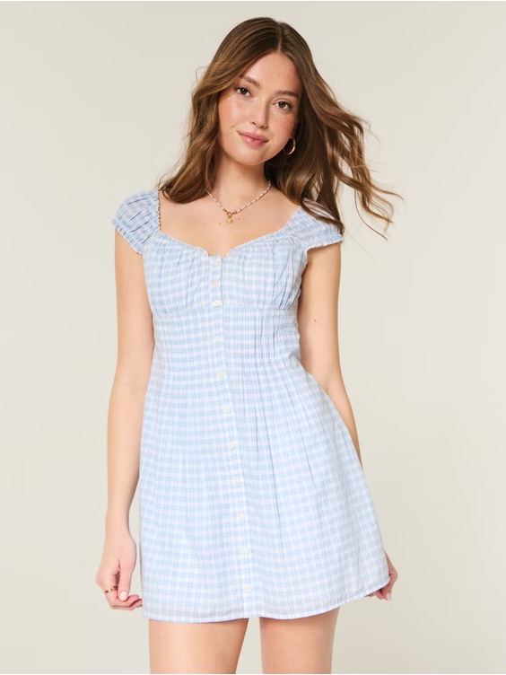 Nwt Hollister Light Blue Gingham Cap Sleeve Button-Front Mini Dress Small